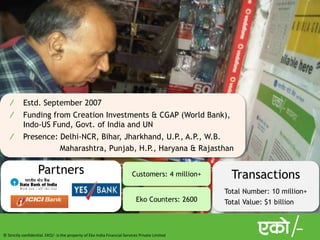 © Strictly confidential. EKO/- is the property of Eko India Financial Services Private Limited
Customers: 4 million+
Eko Counters: 2600
Partners Transactions
Total Number: 10 million+
Total Value: $1 billion
∕ Estd. September 2007
∕ Funding from Creation Investments & CGAP (World Bank),
Indo-US Fund, Govt. of India and UN
∕ Presence: Delhi-NCR, Bihar, Jharkhand, U.P., A.P., W.B.
Maharashtra, Punjab, H.P., Haryana & Rajasthan
 
