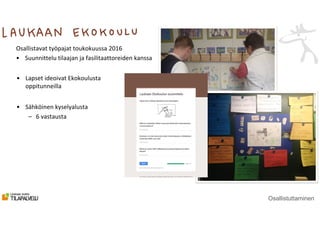 Osallistuttaminen
Osallistavat työpajat toukokuussa 2016
• Suunnittelu tilaajan ja fasilitaattoreiden kanssa
• Lapset ideoivat Ekokoulusta
oppitunneilla
• Sähköinen kyselyalusta
– 6 vastausta
 