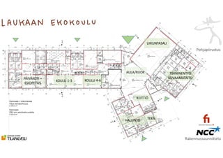 Pohjapiirustus
Rakennussuunnittelu
TEKNINENTYÖ
KUVAAMATAITO
LIIKUNTASALI
KEITTIÖ
PÄIVÄKOTI +
ESIOPETUS
AULA/RUOK
HALLINTO
KOULU 1-3 KOULU 4-6
TEKN
 