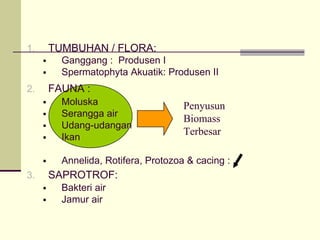 Penyusun
Biomass
Terbesar
1. TUMBUHAN / FLORA:
ƒ Ganggang : Produsen I
ƒ Spermatophyta Akuatik: Produsen II
2. FAUNA :
ƒ Moluska
ƒ Serangga air
ƒ Udang-udangan
ƒ Ikan
ƒ Annelida, Rotifera, Protozoa & cacing :
3. SAPROTROF:
ƒ Bakteri air
ƒ Jamur air
 