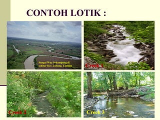 CONTOH LOTIK :
Sungai Way Sekampung di
sekitar Kec. Jabung, Lamtim Creek 1
Creek 1
Creek 2
Creek 2 Creek 3
 