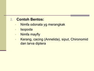 2. Contoh Bentos:
ƒ Nimfa odonata yg merangkak
ƒ Isopoda
ƒ Nimfa mayfly
ƒ Kerang, cacing (Annelida), siput, Chironomid
dan larva diptera
 