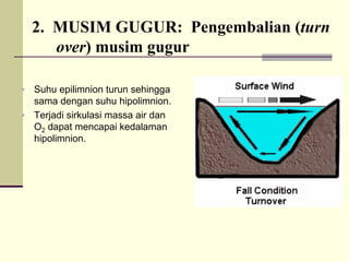 2. MUSIM GUGUR: Pengembalian (turn
over) musim gugur
ƒ Suhu epilimnion turun sehingga
sama dengan suhu hipolimnion.
ƒ Terjadi sirkulasi massa air dan
O2 dapat mencapai kedalaman
hipolimnion.
 