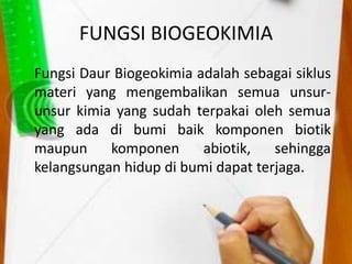 FUNGSI BIOGEOKIMIA
Fungsi Daur Biogeokimia adalah sebagai siklus
materi yang mengembalikan semua unsur-
unsur kimia yang sudah terpakai oleh semua
yang ada di bumi baik komponen biotik
maupun komponen abiotik, sehingga
kelangsungan hidup di bumi dapat terjaga.
 