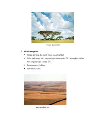 www.e-dukasi.net 
f. Ekosistem gurun 
 Sangat gersang dan curah hujan sangat rendah 
 Suhu pada siang hari sangat dingin mancapai 450C, sedangkan malam 
hari sangat dingin sampai 00C. 
 Tumbuhannya, kaktus 
 Hewannya, Unta. 
www.e-dukasi.net 
 