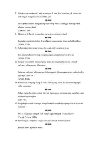 7. Untuk menyesuaikan diri pada kehidupan di laut, ikan harus banyak minum air 
laut dengan mengekskresikan sedikit urin 
SEBAB 
Urine pada ikan laut mengandung urea cukup banyak sehingga meningkatkan 
tekanan osmosis darah 
(UMPTN, 2001) 
8. Ekosistem di daerah persawahan merupakan ekosistem stabil 
SEBAB 
Keanekaragaman tumbuhan di areal persawahan sangat tinggi akibat budidaya 
(SPMB, 2003) 
9. Kebanyakan ikan sangat senang bergerak melawan arah arus air 
SEBAB 
Ikan akan mudah menyerap oksigen dengan gerakan melawan arus air 
(SPMB, 2003) 
10. Tingkat pencemaran bahan organic dalam air sungai sebelum dan sesudah 
melewati tebing curam tidak sama 
SEBAB 
Pada saat melewati tebing curam, bahan organic dihancurkan secara mekanik oleh 
derasnya aliran air 
(SPMB, 2004) 
11. Kelinci dan ular yang hidup di suatu habitat yang sama, dikatakan mempunyai 
niche yang sama 
SEBAB 
Dalam suatu ekosistem semua individu mempunyai hubungan satu sama lain yang 
saling menguntungkan 
(SIP, 1986) 
12. Banyaknya sampah di sungai menyebabkan kadar oksigen yang terlarut dalam air 
menurun 
SEBAB 
Proses penguraian sampah oleh bakteri saprofit terjadi secara anaerob 
(Proyek Perintis, 1979) 
13. Pembuangan sampah ke sungai sama sekali tidak membahayakan 
SEBAB 
Sampah dapat dijadikan pupuk 
 
