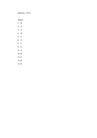 (SKALU, 1977) 
Kunci: 
1. B 
2. A 
3. A 
4. D 
5. C 
6. A 
7. C 
8. E 
9. A 
10. D 
11. E 
12. B 
13. D 
