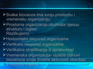  Svaka bioceoza ima svoju prostornu i
  vremensku organizaciju.
 Prostorna organizacija obuhvata njenuu
  strukturu i izgled.
  Razlikujemo:
 Horizontalni raspored organizama
 Vertikalni raspored organizama
 Vertikalna stratifikacija ili spratovnost
 Vremenska organizacija- različiti članovi
  biocenoze svoje životne aktivnosti obavljaju
  u različito vrijeme.
 