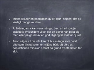 Ibland skjuter en population av ett djur i höjden, det bli
väldigt många av dem
Anledningarna kan vara många, t.ex. att ett rovdjur
drabbats av sjukdom vilket gör att djuret kan para sig
mer, eller på grund av en god tillgång till mat för djuret.
Teori säger att de inte kan bli hur många som helst,
eftersom tillslut kommer miljöns bärkraft göra att
populationen minskar. Oftast på grund av att maten tar
slut.
 