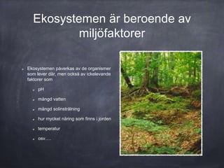 Ekosystemen är beroende av
miljöfaktorer
Ekosystemen påverkas av de organismer
som lever där, men också av ickelevande
faktorer som
pH
mängd vatten
mängd solinstrålning
hur mycket näring som finns i jorden
temperatur
osv….
 