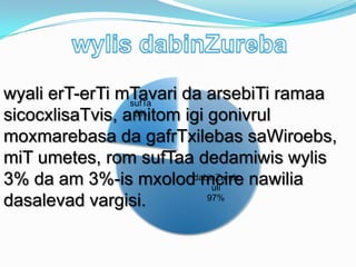 wyali erT-erTi mTavari da arsebiTi ramaa
sufTa
3%
sicocxlisaTvis, amitom igi gonivrul
moxmarebasa da gafrTxilebas saWiroebs,
miT umetes, rom sufTaa dedamiwis wylis
3% da am 3%-is mxoloddabinZureb nawilia
mcire
uli
97%
dasalevad vargisi.

 