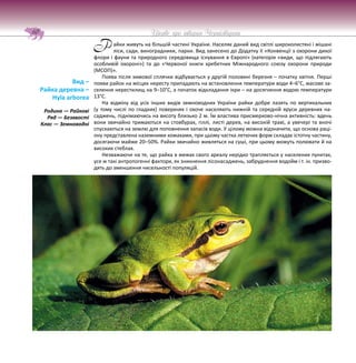 Цікаве про тварин Чернігівщини
60
айки живуть на більшій частині України. Населяє даний вид світлі широколистяні і мішані
ліси, сади, виноградники, парки. Вид занесено до Додатку II «Конвенції з охорони дикої
флори і фауни та природного середовища існування в Європі» (категорія «види, що підлягають
особливій охороні») та до «Червоної книги хребетних Міжнародного союзу охорони природи
(МСОП)».
Поява після зимової сплячки відбувається у другій половині березня – початку квітня. Перші
появи райок на місцях нересту припадають на встановлення температури води 4–6°С, масове за-
селення нерестилищ на 9–10°С, а початок відкладання ікри – на досягнення водою температури
13°С.
На відміну від усіх інших видів земноводних України райки добре лазять по вертикальних
(у тому числі по гладких) поверхнях і охоче населяють нижній та середній яруси деревних на-
саджень, піднімаючись на висоту близько 2 м. Їм властива присмерково-нічна активність: вдень
вони звичайно тримаються на стовбурах, гіллі, листі дерев, на високій траві, а увечері та вночі
спускаються на землю для поповнення запасів води. У цілому можна відзначити, що основа раці-
ону представлена наземними комахами, при цьому частка летючих форм складає істотну частину,
досягаючи майже 20–50%. Райки звичайно живляться на суші, при цьому можуть полювати й на
високих стеблах.
Незважаючи на те, що райка в межах свого ареалу нерідко трапляється у населених пунктах,
усе ж такі антропогенні фактори, як зникнення лісонасаджень, забруднення водойм і т. ін. призво-
дять до зменшення чисельності популяцій.
Вид –
Райка деревна –
Hyla arborea
Родина — Райкові
Ряд — Безхвості
Клас — Земноводні
Р
 