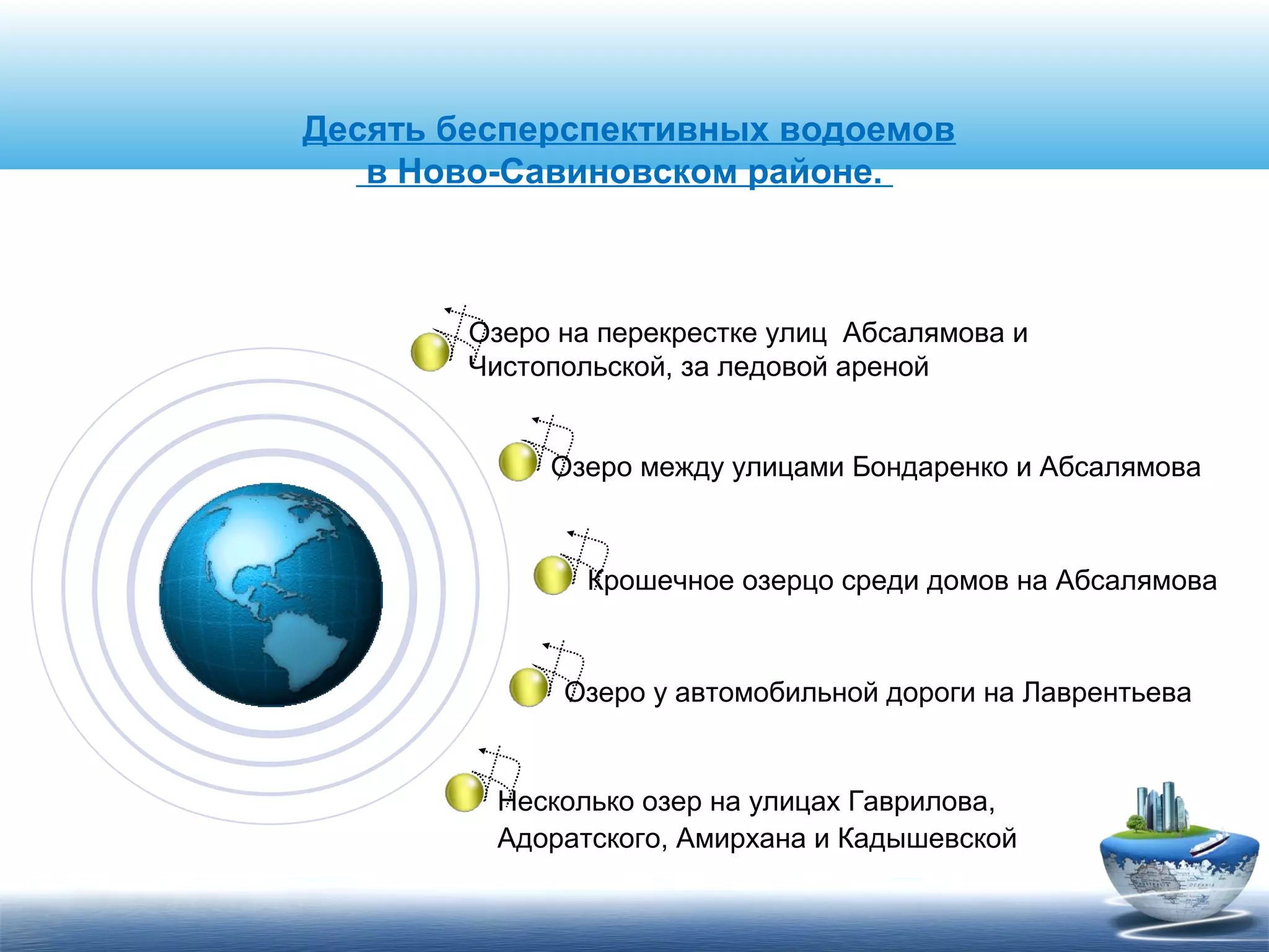 Озеро на перекрестке улиц Абсалямова и
Чистопольской, за ледовой ареной
Озеро между улицами Бондаренко и Абсалямова
Крошечное озерцо среди домов на Абсалямова
Озеро у автомобильной дороги на Лаврентьева
Несколько озер на улицах Гаврилова,
Адоратского, Амирхана и Кадышевской
Десять бесперспективных водоемов
в Ново-Савиновском районе.
 