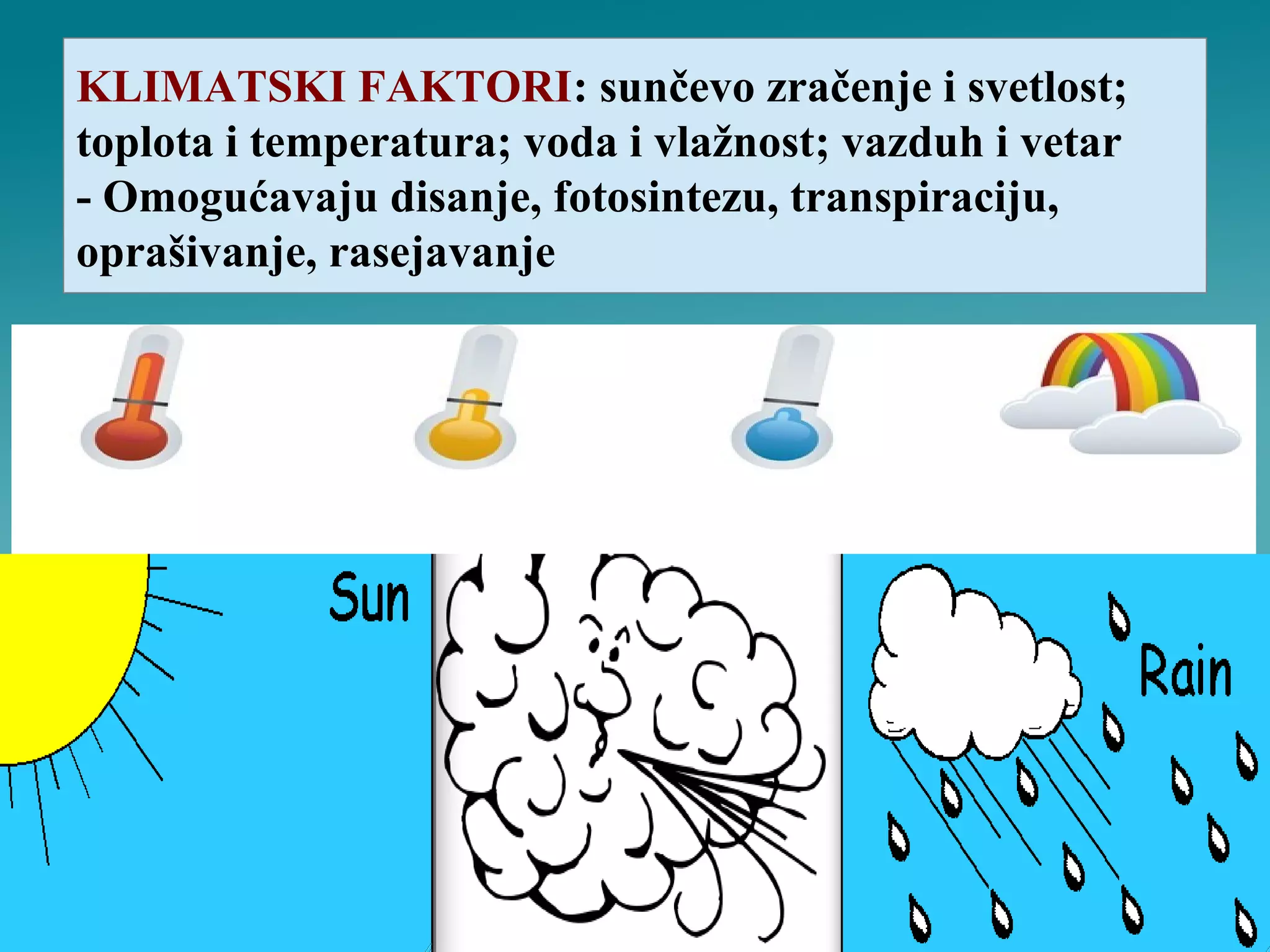 KLIMATSKI FAKTORI: sunčevo zračenje i svetlost;
toplota i temperatura; voda i vlažnost; vazduh i vetar
- Omogućavaju disanje, fotosintezu, transpiraciju,
oprašivanje, rasejavanje
 