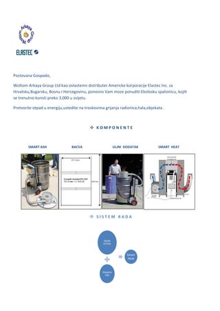                                                                                                                                                                                                                                

                            

                                                                                                                                                                              
Postovana Gospodo, 

Woltom Arkaya Group Ltd kao ovlastenni distributer Americke korporacije Elastec Inc. za 
Hrvatsku,Bugarsku, Bosnu i Hercegovinu, ponosno Vam moze ponuditi Ekolosku spalionicu, kojih                
se trenutno koristi preko 3.000 u svijetu. 

Pretvorite otpad u energiju,ustedite na troskovima grijanja radionica,hala,objekata . 

 

                                                                                        K O M P O N E N T E 

 

               SMART ASH                              BACVA                                    ULJNI  DODATAK                        SMART  HEAT 




                                                                                                                                                                                                    
                                                                                        S I S T E M   R A D A 
                                                                                         


                                                                                               RAZNI 
                                                                                               OTPAD



                                                                                                                         Smart 
                                                                                                                          Heat



                                                                                              Otpadno 
                                                                                                Ulje

                                                                                                                                           
 