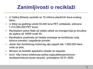 Zanimljivosti o reciklaži
• U Velikoj Britaniji upotrebi se 15 miliona plastičnih boca svakog
dana;
• U Srbiji se godišnje utroši 55.000 tona PET ambalaže, odnosno
1.210.000.000 PET boca;
• Reciklažom jedne flaše od stakla uštedi se energija koja je dovoljna
da sijalica od 100W svetli 4h;
• Reciklažom predmeta od metala smanjuje se korišćenje ruda,
njihova prerada i zagađenje prirode;
• Jedan litar korišćenog motornog ulja zagadi čak 1.000.000 litara
vode za piće;
• Stiropor se biološki apsolutno nikada ne raspada.
• Izvor: http://www.treehouse-serbia.org/publikacije/osnove-
reciklaze/reduce-reuse-recycle/, pristupljeno 02.01.2020.
15
 