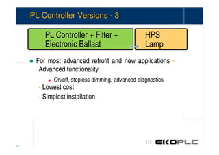 PL Controller Versions - 3

         PL Controller + Filter +                  HPS
         Electronic Ballast                        Lamp
      For most advanced retrofit and new applications -
       Advanced functionality
             On/off, stepless dimming, advanced diagnostics
       - Lowest cost
       - Simplest installation




31
 