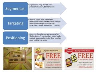 •Segmentasi yang di bidik yaitu
pelajar,mahasiswa,dan karyawan
Segmentasi
•Dengan target kelas menengah
pelajar,mahasiswa,dan karyawan dengan
pendapatan pengeluaran perhari
Rp.40.000 ( dalam rentan usia 17-35thn)
Targeting
•Agar membedakan dengan pesaing lain
“belah doeren” memberikan variasi pada
produk, sistem delivery,dan free voucher
pada hari hari tertentu
Positioning
 