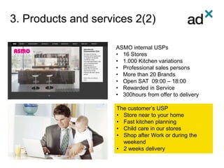 3. Products and services 2(2)
ASMO internal USPs
• 16 Stores
• 1.000 Kitchen variations
• Professional sales persons
• More than 20 Brands
• Open SAT 09:00 – 18:00
• Rewarded in Service
• 300hours from offer to delivery
The customer’s USP
• Store near to your home
• Fast kitchen planning
• Child care in our stores
• Shop after Work or during the
weekend
• 2 weeks delivery
 