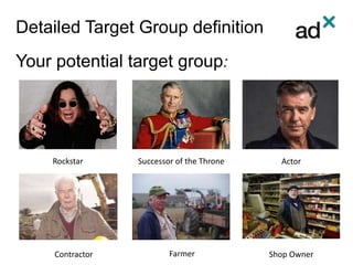 Detailed Target Group definition
Your potential target group:
Rockstar Successor of the Throne Actor
Contractor Farmer Shop Owner
 