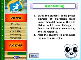 Assosiating
Networking
Questioning
Observing
Experimenting
CLOSING
Opening
C
U
R
R
I
C
U
L
U
M
M
A
T
E
R
I
A
L
MAIN MENU
Assosiating
1. Gives the students some pieces
example of expression leave
taking then Ask some of them to
divide which one belongs to
formal and informal leave taking
and the response.
2. Asks the students to pronounce
the material correctly.
 