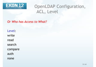 31/61
OpenLDAP Configuration,
ACL, Level
Or Who has Access to What?
Level:
write
read
search
compare
auth
none
 