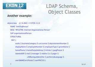 58/61
LDAP Schema,
Object Classes
Another example:
objectclass (2.16.840.1.113730.3.2.2
NAME ‘inetOrgPerson’
DESC ‘RFC2798: Internet Organizational Person’
SUP organizationalPerson
STRUCTURAL
MAY (
audio $ businessCategory $ carLicense $ depratementNumber $
displayName $ employeeNumber $ employeeType $ givenName $
homePhone $ homePostalAddress $ initials $ jpegPhotot $
labeledURI $ mail $ manager $ mobile $ o $ pager $
x500uniqueIdentifier $ preferredLanguage $
userSMIMECertificate $ userPKCS12 )
)
 