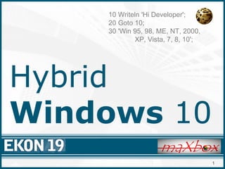 1
Hybrid
Windows 10
10 Writeln 'Hi Developer';
20 Goto 10;
30 'Win 95, 98, ME, NT, 2000,
XP, Vista, 7, 8, 10';
 