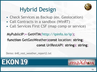 16
Hybrid Design
• Check Services as Backup (ex. Geolocation)
• Call Contracts in a sandbox (WinRT)
• Call Services First CSF (map comp or service)
MyPublicIP:= GetHTM('http://ipinfo.io/ip');
function GetGeoWeather(const location: string;
const UrlRestAPI: string): string;
Demo: 640_rest_weather_report2.txt
 