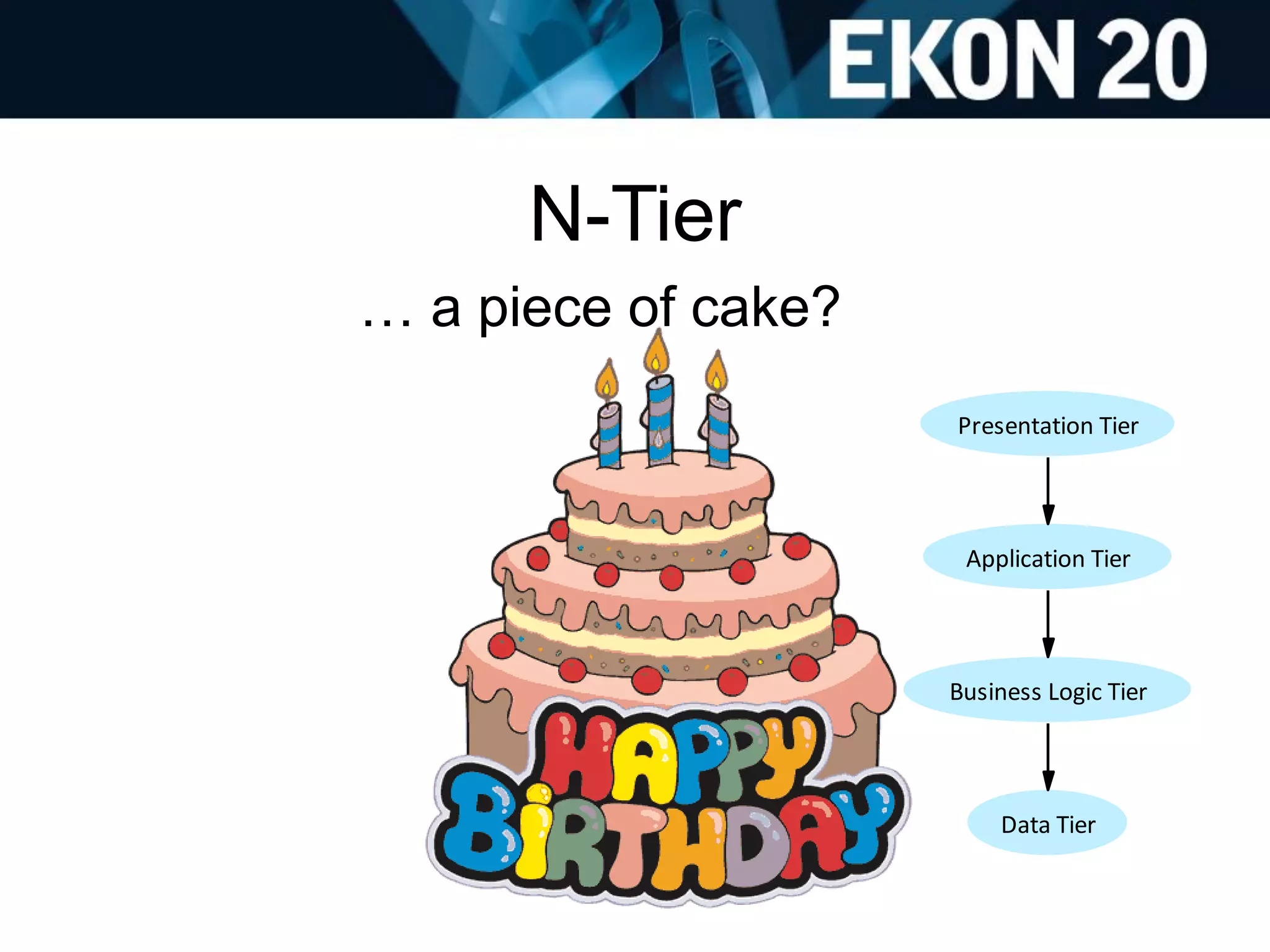 N-Tier
… a piece of cake?
Presentation Tier
Application Tier
Business Logic Tier
Data Tier
 