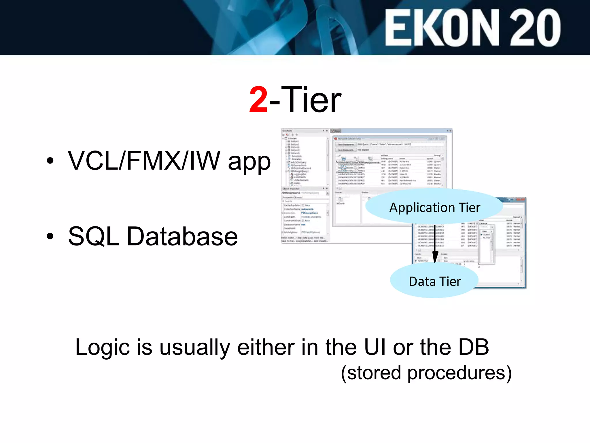 2-Tier
• VCL/FMX/IW app
• SQL Database
Logic is usually either in the UI or the DB
(stored procedures)
Application Tier
Data Tier
 