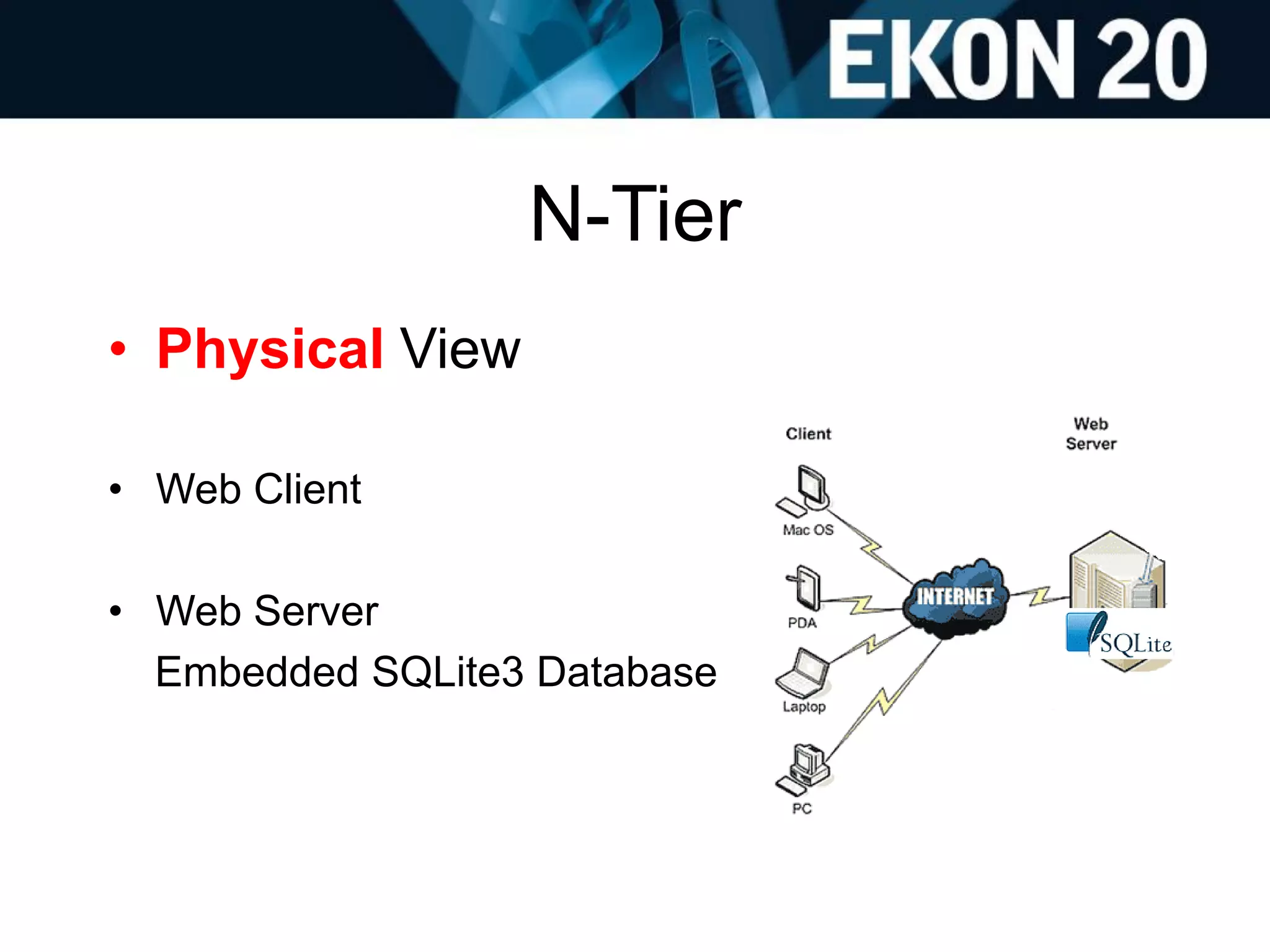 N-Tier
• Physical View
• Web Client
• Web Server
Embedded SQLite3 Database
 