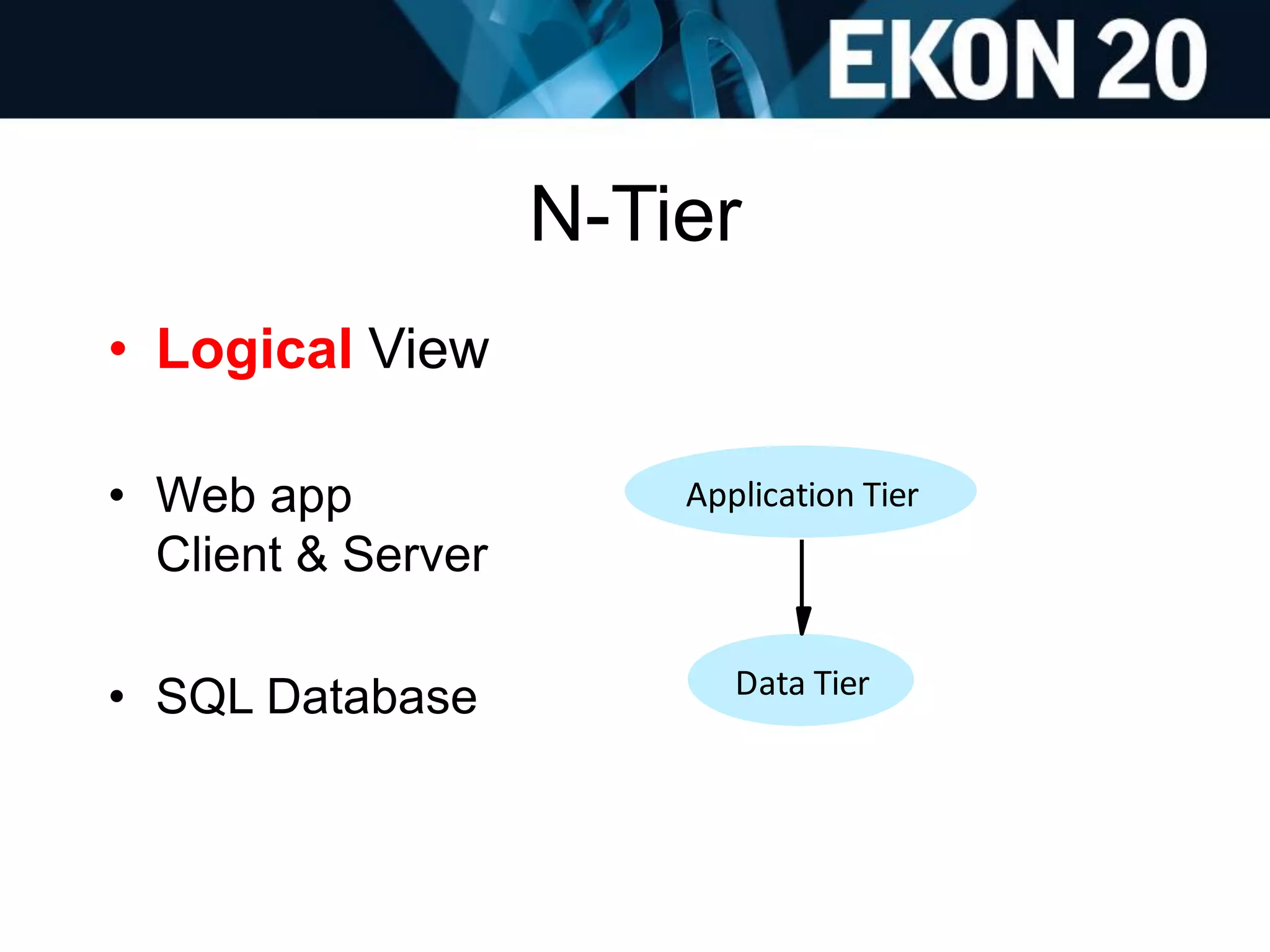 N-Tier
• Logical View
• Web app
Client & Server
• SQL Database
Application Tier
Data Tier
 
