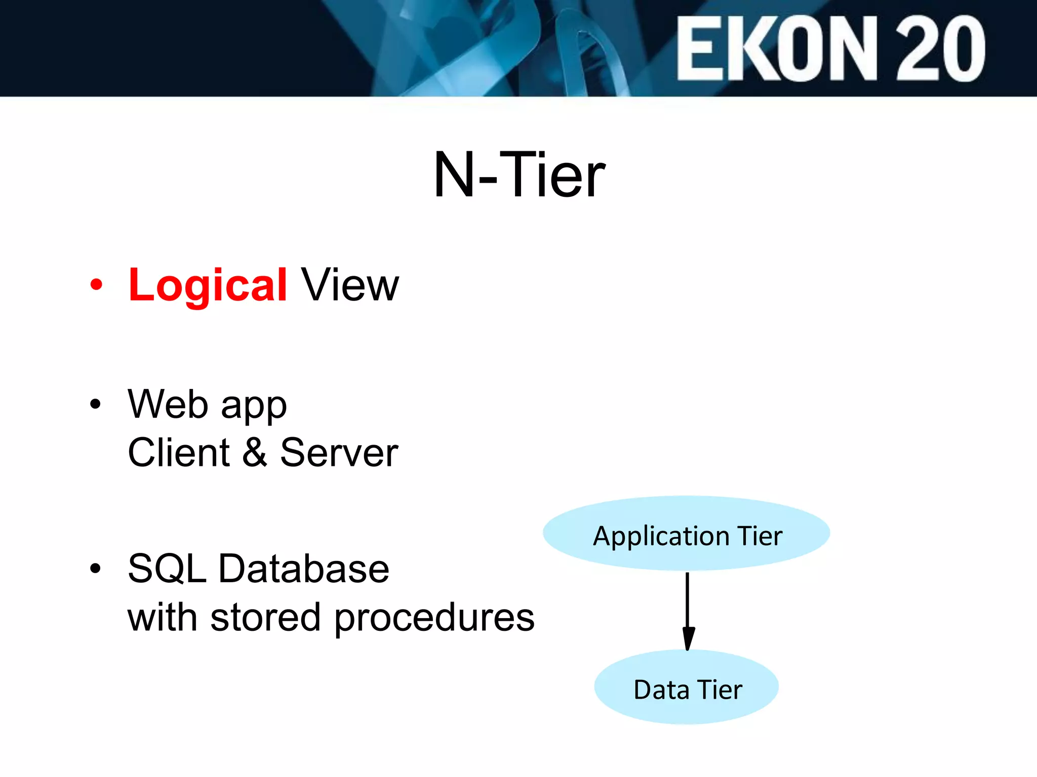 N-Tier
• Logical View
• Web app
Client & Server
• SQL Database
with stored procedures
Application Tier
Data Tier
 