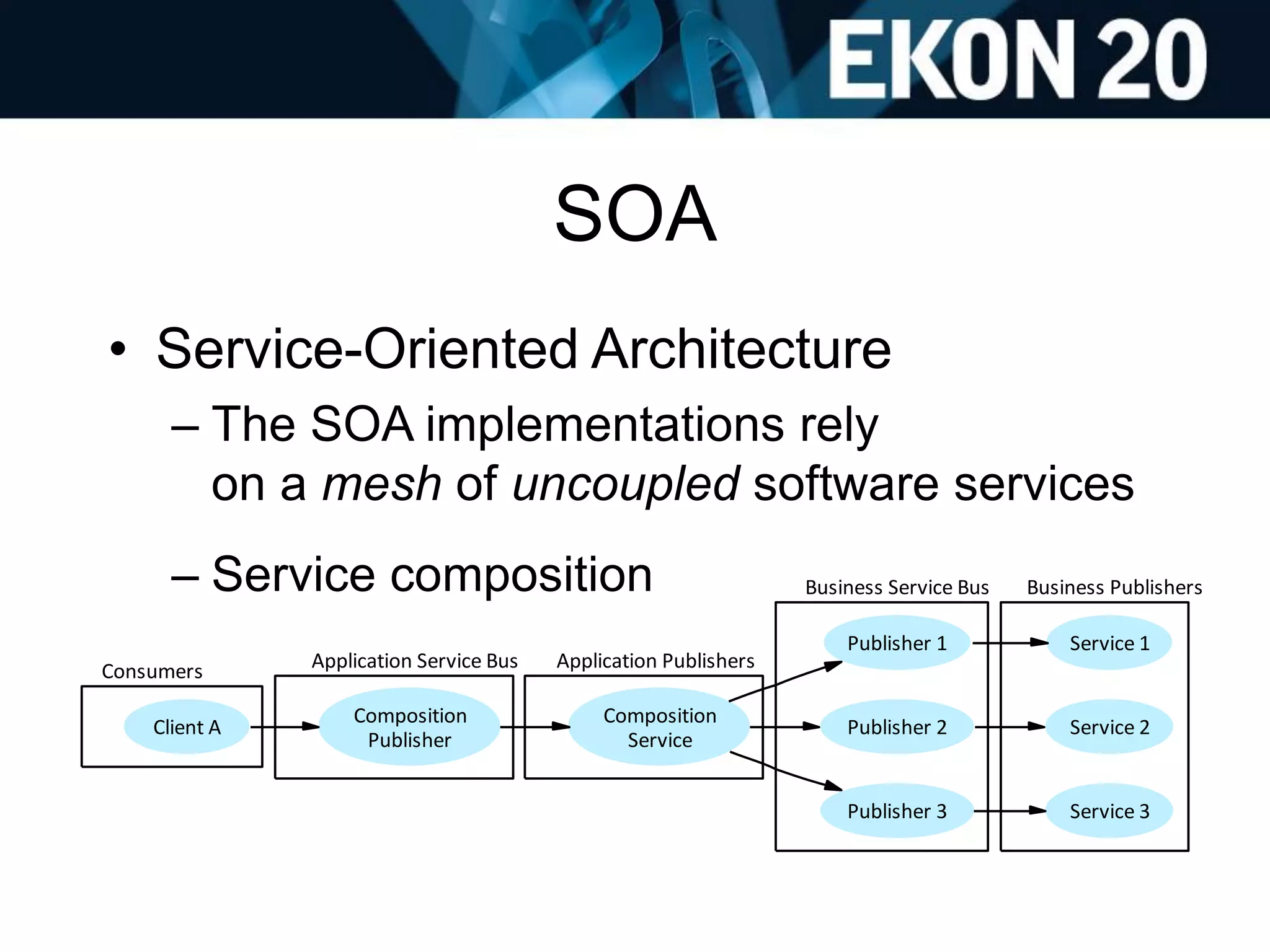 SOA
• Service-Oriented Architecture
– The SOA implementations rely
on a mesh of uncoupled software services
– Service composition
Consumers Application Service Bus Application Publishers
Business Service Bus Business Publishers
Client A
Composition
Publisher
Composition
Service
Publisher 1
Publisher 2
Publisher 3
Service 1
Service 2
Service 3
 