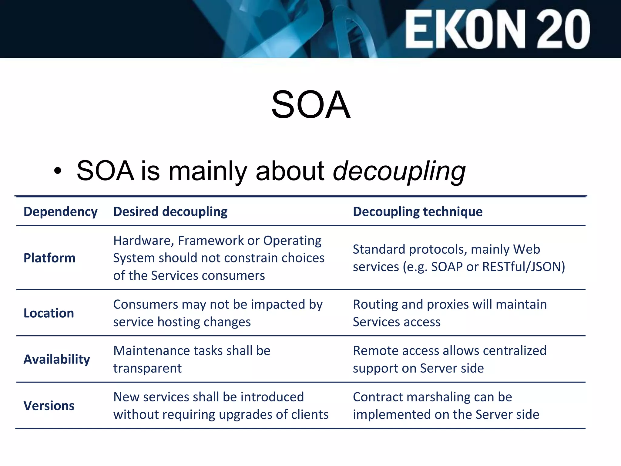 SOA
• SOA is mainly about decoupling
Dependency Desired decoupling Decoupling technique
Platform
Hardware, Framework or Operating
System should not constrain choices
of the Services consumers
Standard protocols, mainly Web
services (e.g. SOAP or RESTful/JSON)
Location
Consumers may not be impacted by
service hosting changes
Routing and proxies will maintain
Services access
Availability
Maintenance tasks shall be
transparent
Remote access allows centralized
support on Server side
Versions
New services shall be introduced
without requiring upgrades of clients
Contract marshaling can be
implemented on the Server side
 