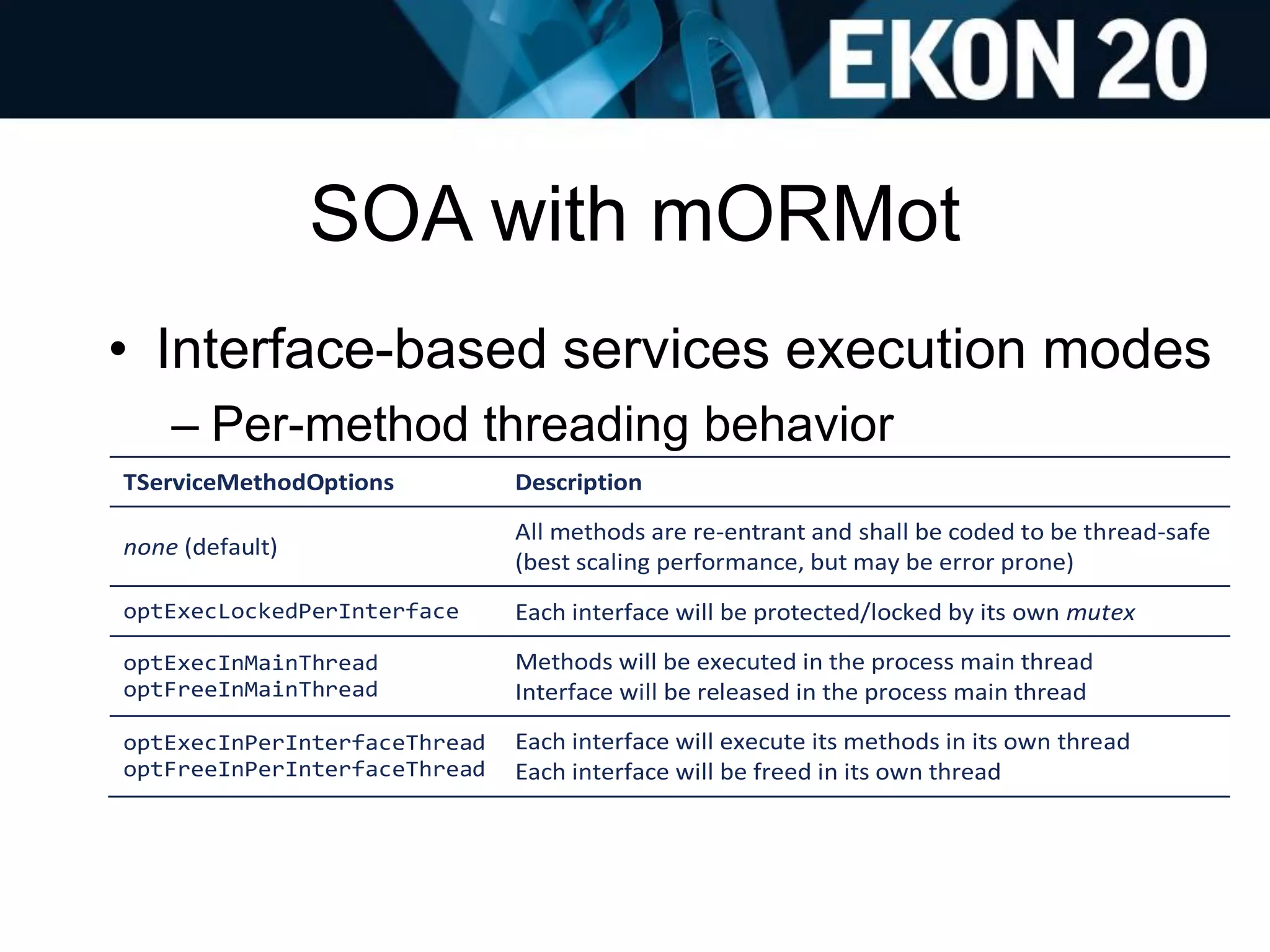 SOA with mORMot
• Interface-based services execution modes
– Per-method threading behavior
TServiceMethodOptions Description
none (default)
All methods are re-entrant and shall be coded to be thread-safe
(best scaling performance, but may be error prone)
optExecLockedPerInterface Each interface will be protected/locked by its own mutex
optExecInMainThread
optFreeInMainThread
Methods will be executed in the process main thread
Interface will be released in the process main thread
optExecInPerInterfaceThread
optFreeInPerInterfaceThread
Each interface will execute its methods in its own thread
Each interface will be freed in its own thread
 