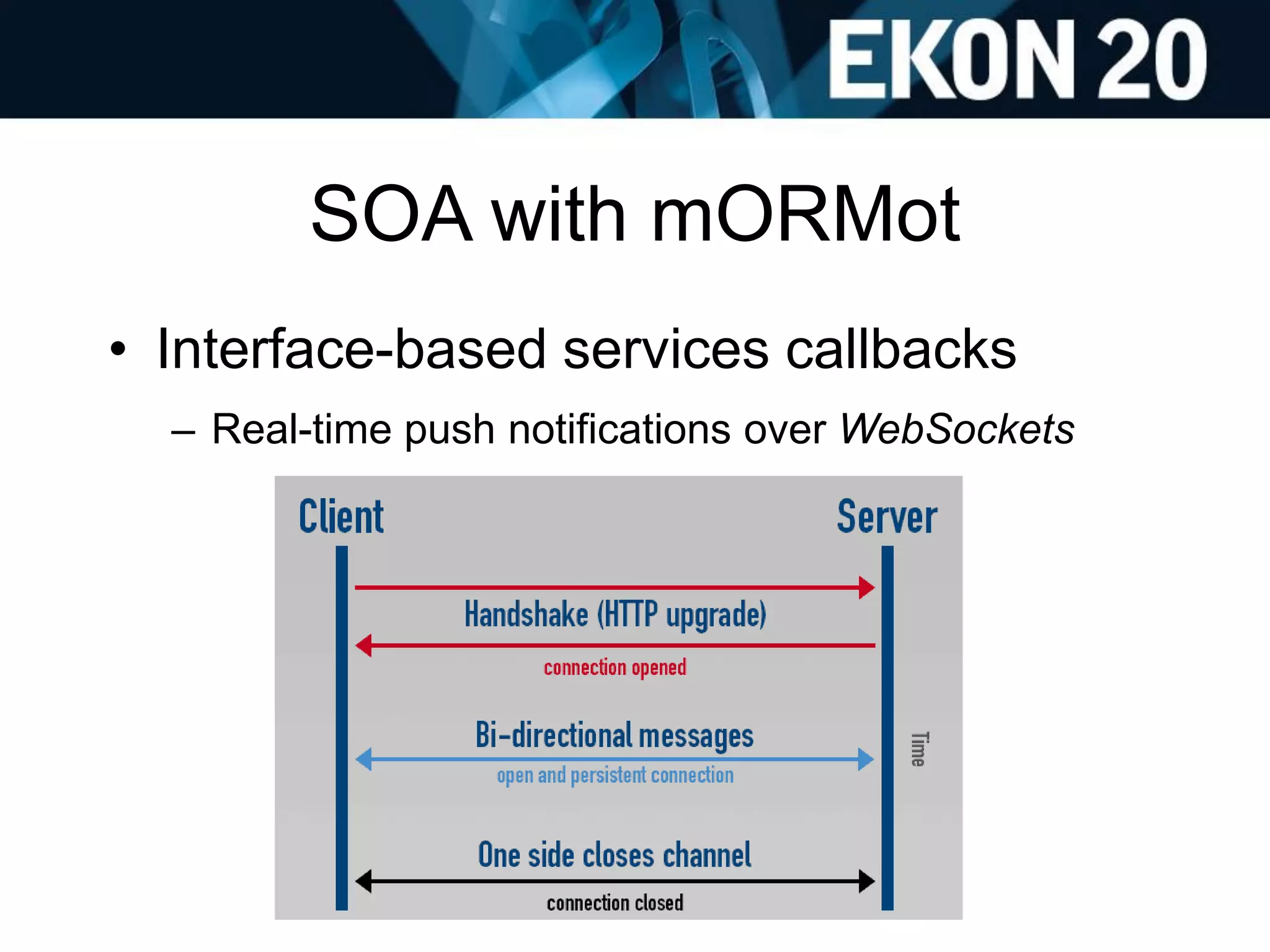 SOA with mORMot
• Interface-based services callbacks
– Real-time push notifications over WebSockets
 