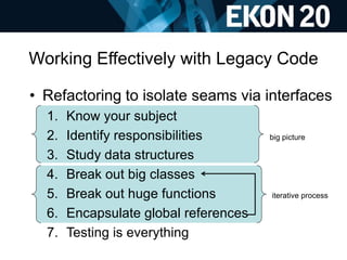 Working Effectively with Legacy Code
• Refactoring to isolate seams via interfaces
1. Know your subject
2. Identify respon...