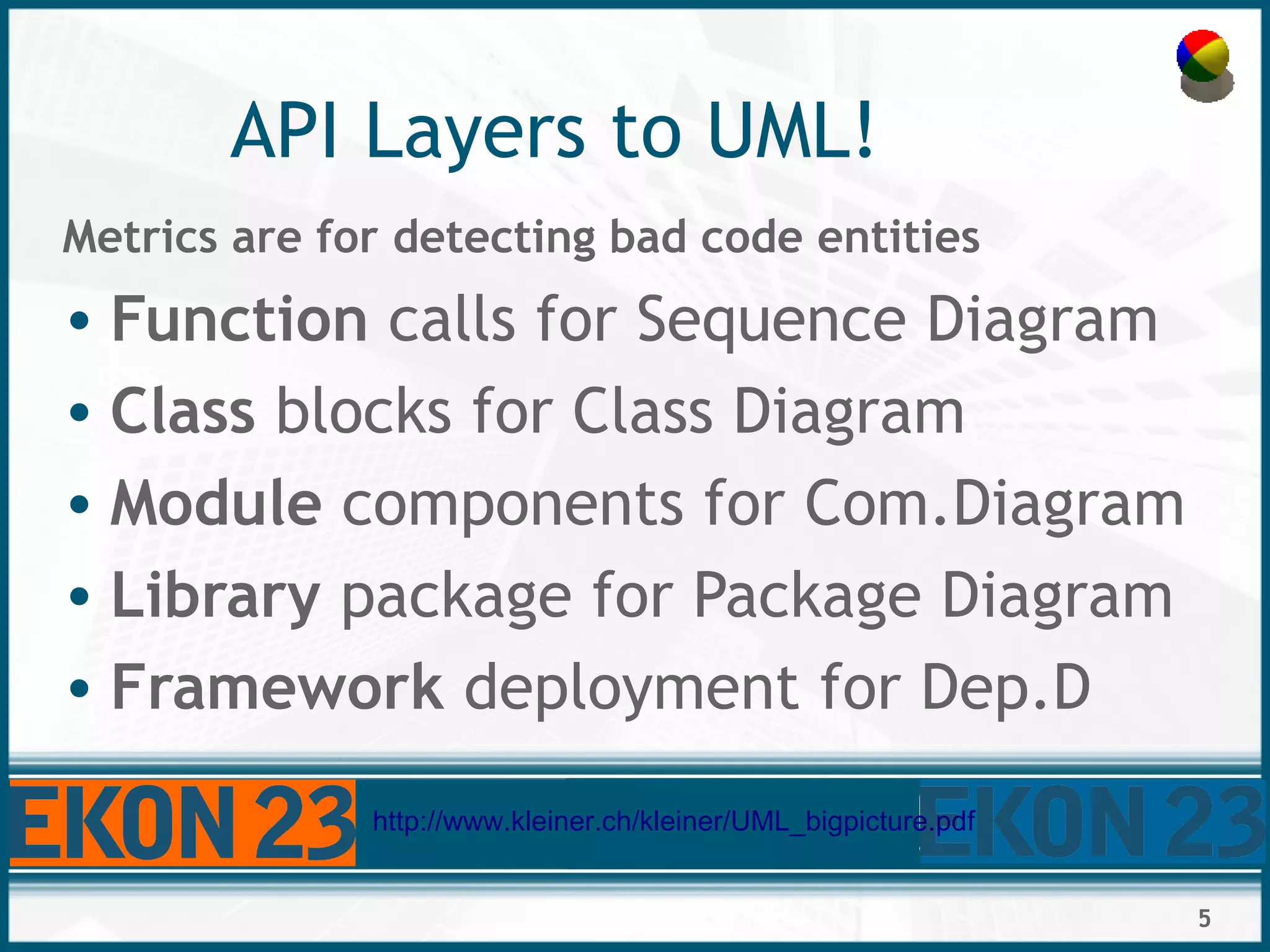 5
API Layers to UML!
Metrics are for detecting bad code entities
• Function calls for Sequence Diagram
• Class blocks for Class Diagram
• Module components for Com.Diagram
• Library package for Package Diagram
• Framework deployment for Dep.D
http://www.kleiner.ch/kleiner/UML_bigpicture.pdf
 