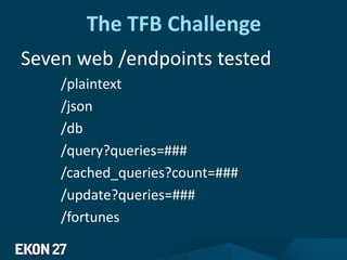 The TFB Challenge
Seven web /endpoints tested
/plaintext
/json
/db
/query?queries=###
/cached_queries?count=###
/update?queries=###
/fortunes
 