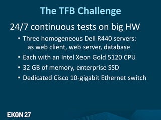The TFB Challenge
24/7 continuous tests on big HW
• Three homogeneous Dell R440 servers:
as web client, web server, database
• Each with an Intel Xeon Gold 5120 CPU
• 32 GB of memory, enterprise SSD
• Dedicated Cisco 10-gigabit Ethernet switch
 