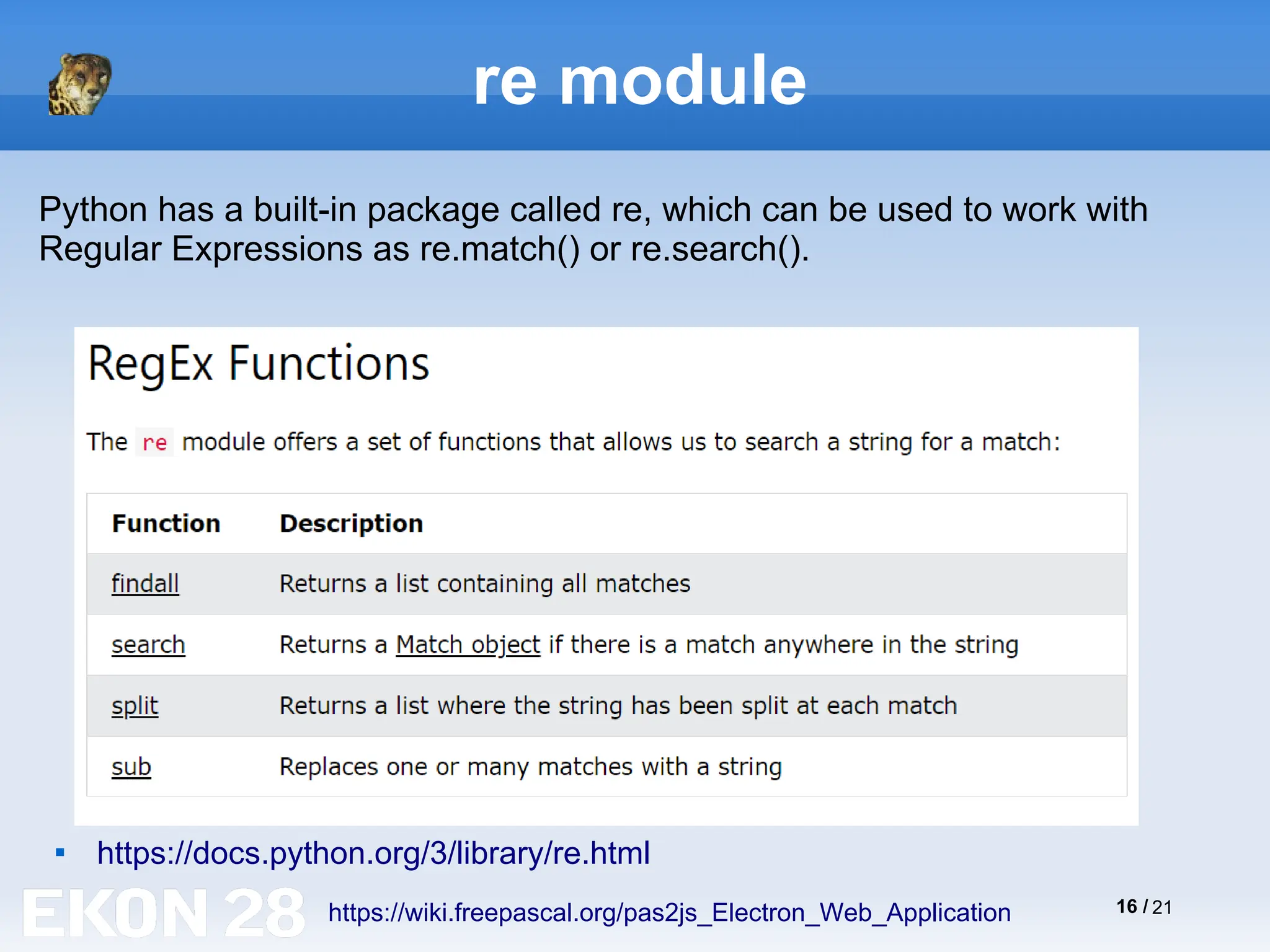 16 / 21
re module

https://docs.python.org/3/library/re.html
https://wiki.freepascal.org/pas2js_Electron_Web_Application
Python has a built-in package called re, which can be used to work with
Regular Expressions as re.match() or re.search().
 