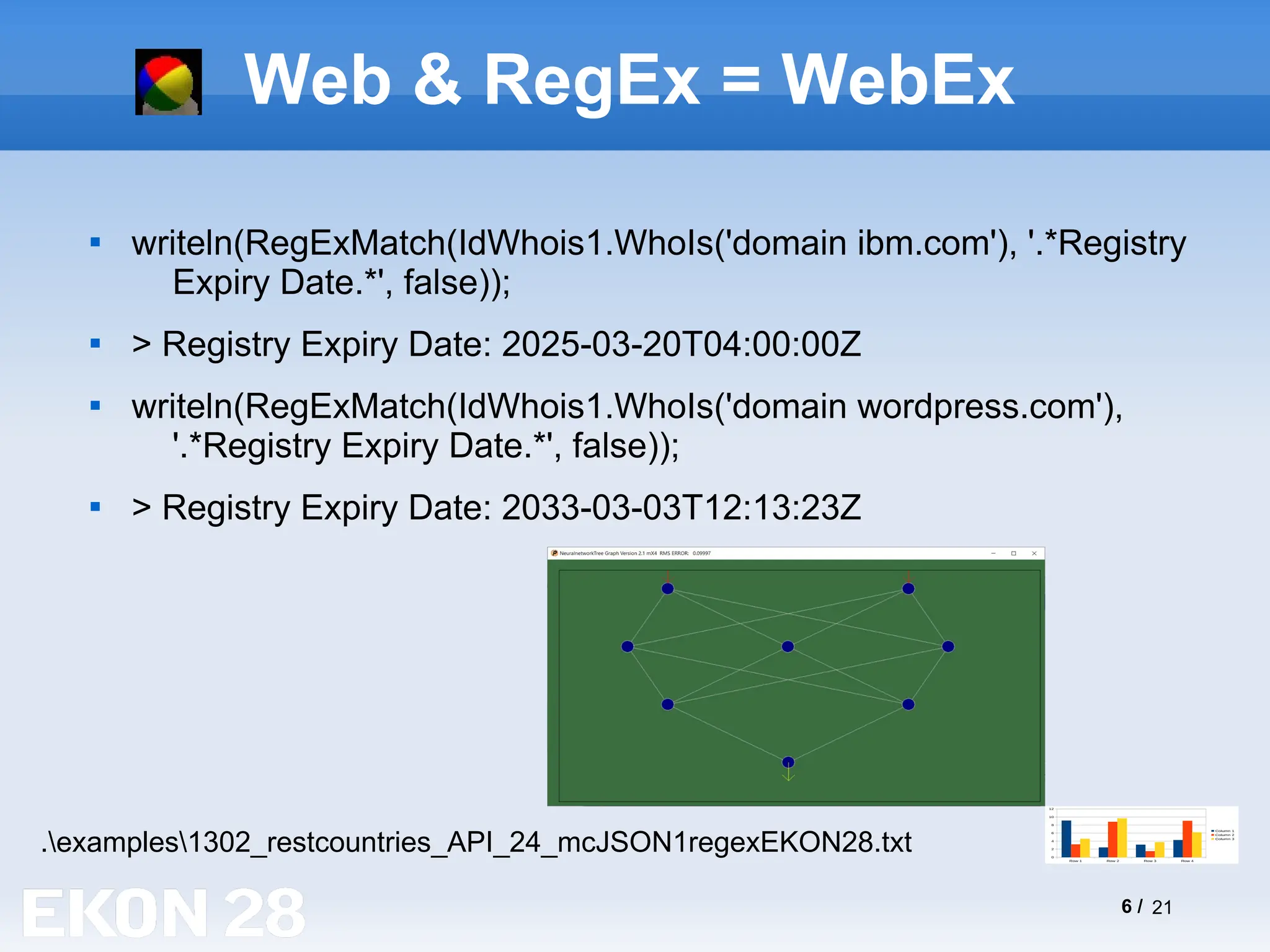 6 / 21
Web & RegEx = WebEx

writeln(RegExMatch(IdWhois1.WhoIs('domain ibm.com'), '.*Registry
Expiry Date.*', false));

> Registry Expiry Date: 2025-03-20T04:00:00Z

writeln(RegExMatch(IdWhois1.WhoIs('domain wordpress.com'),
'.*Registry Expiry Date.*', false));

> Registry Expiry Date: 2033-03-03T12:13:23Z
Row 1 Row 2 Row 3 Row 4
0
2
4
6
8
10
12
Column 1
Column 2
Column 3
.examples1302_restcountries_API_24_mcJSON1regexEKON28.txt
 