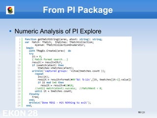 10 / 21
From PI Package

Numeric Analysis of PI Explore
 