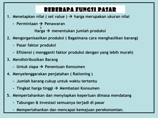 BEBERAPA FUNGSI PASAR
1. Menetapkan nilai ( set value )  harga merupakan ukuran nilai
- Permintaan  Penawaran
Harga  menentukan jumlah produksi
2. Mengorganisasikan produksi ( Bagaimana cara menghasilkan barang)
- Pasar faktor produksi
- Efisiensi ( mengganti faktor produksi dengan yang lebih murah)
3. Mendistribusikan Barang
- Untuk siapa  Penentuan Konsumen
4. Menyelenggarakan penjatahan ( Rationing )
- Jumlah barang cukup untuk waktu tertentu
- Tingkat harga tinggi  Membatasi Konsumen
5. Mempertahankan dan menyiapkan keperluan dimasa mendatang
- Tabungan & Investasi semuanya terjadi di pasar
- Mempertahankan dan mencapai kemajuan perekonomian.

 