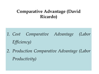 Comparative Advantage (David
Ricardo)
1. Cost Comparative Advantage (Labor
Efficiency)
2. Production Comparative Advantage (Labor
Productivity)
 