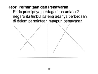 Teori Permintaan dan Penawaran
Pada prinsipnya perdagangan antara 2
negara itu timbul karena adanya perbedaan
di dalam permintaan maupun penawaran
57
 