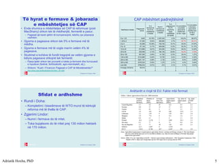 Adriatik Hoxha, PhD 5
© Baldwin & Wyplosz 2006
Të hyrat e fermave & jobarazia
e mbështetjes së CAP
• Ende shumica e mbështetjes së CAP të reformuar (post
MacSharry) shkon tek të mëdhenjtë, fermerët e pasur.
– Pagesat që kanë qëllim të kompensojnë, kështu qw jobarazia
vazhdon.
• Gjysma e pagesave shkon tek 5% e fermave më të
mëdha.
• Gjysma e fermave më të vogla marrin vetëm 4% të
pagesave.
• Studimet e kohëve të fundit tregojnë se vetëm gjysma e
këtyre pagesave shkojnë tek fermerët.
– Pjesa tjetër shkon tek pronarët e tokës jo-fermerë dhe furnizuesit
e inputeve (farërat, fertilizatorët, agro-kemikalett, etj.).
– Shikoni: “Kush i Financon Pagesat e CAP të Mbretëreshës?”
– http://shop.ceps.be/BookDetail.php?item_id=1285
© Baldwin & Wyplosz 2006
CAP mbështet padrejtësinë
Madhësia e klasës
Pagesa për
fermë
% e
fermave të
EU15 në
madhësinë
e klasës
Numri i
fermave në
madhësinë
e klasës
% e
pagesave të
EU15
payments
sipas
madhësisë
së klasës
% kumulative
e buxhetit
(prej më të
madhit deri
te më i vogli)
% kumulative
e fermave
(prej më të
madhes deri
te më e
vogla)
0 to 1.25 €405 53.76% 2,397,630 4.3% 100.0% 99.97%
1.25 to 2 €1,593 8.54% 380,800 2.7% 95.7% 46.21%
2 to 5 €3,296 16.30% 726,730 10.7% 93.0% 37.67%
5 to 10 €7,128 9.17% 409,080 13.0% 82.2% 21.37%
10 to 20 €13,989 6.81% 303,500 19.0% 69.2% 12.20%
20 to 50 €30,098 4.13% 184,100 24.8% 50.2% 5.39%
50 to 100 €67,095 0.94% 41,700 12.5% 25.4% 1.27%
100 to 200 €133,689 0.24% 10,720 6.4% 12.9% 0.33%
200 to 300 €241,157 0.05% 2,130 2.3% 6.5% 0.09%
300 to 500 €376,534 0.03% 1,270 2.1% 4.2% 0.04%
over 500 €768,333 0.01% 610 2.1% 2.1% 0.01%
Average,All farms €5,015
© Baldwin & Wyplosz 2006
Sfidat e ardhshme
• Rundi i Doha:
– Kompletimi i bisedimeve të WTO mund të kërkojë
reforma më të thella të CAP.
• Zgjerimi Lindor:
– Numri i fermave do të rritet.
– Toka bujqësore do të rritet prej 130 milion hektarë
në 170 milion.
© Baldwin & Wyplosz 2006
Anëtarët e rinjë të EU: Fakte mbi fermat
 