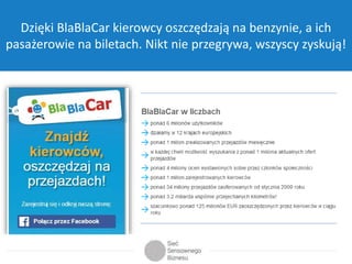 Dzięki BlaBlaCar kierowcy oszczędzają na benzynie, a ich 
pasażerowie na biletach. Nikt nie przegrywa, wszyscy zyskują! 
 